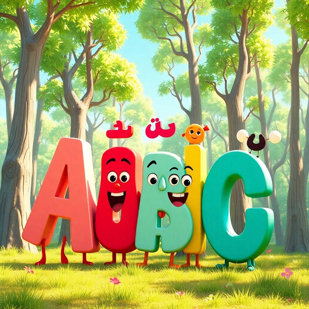 A colorful forest with the Arabic letters standing together happily, a bright sunny day, characters are animated with expressions, joyful atmosphere, digital art, vibrant colors, engaging and friendly scene, high quality