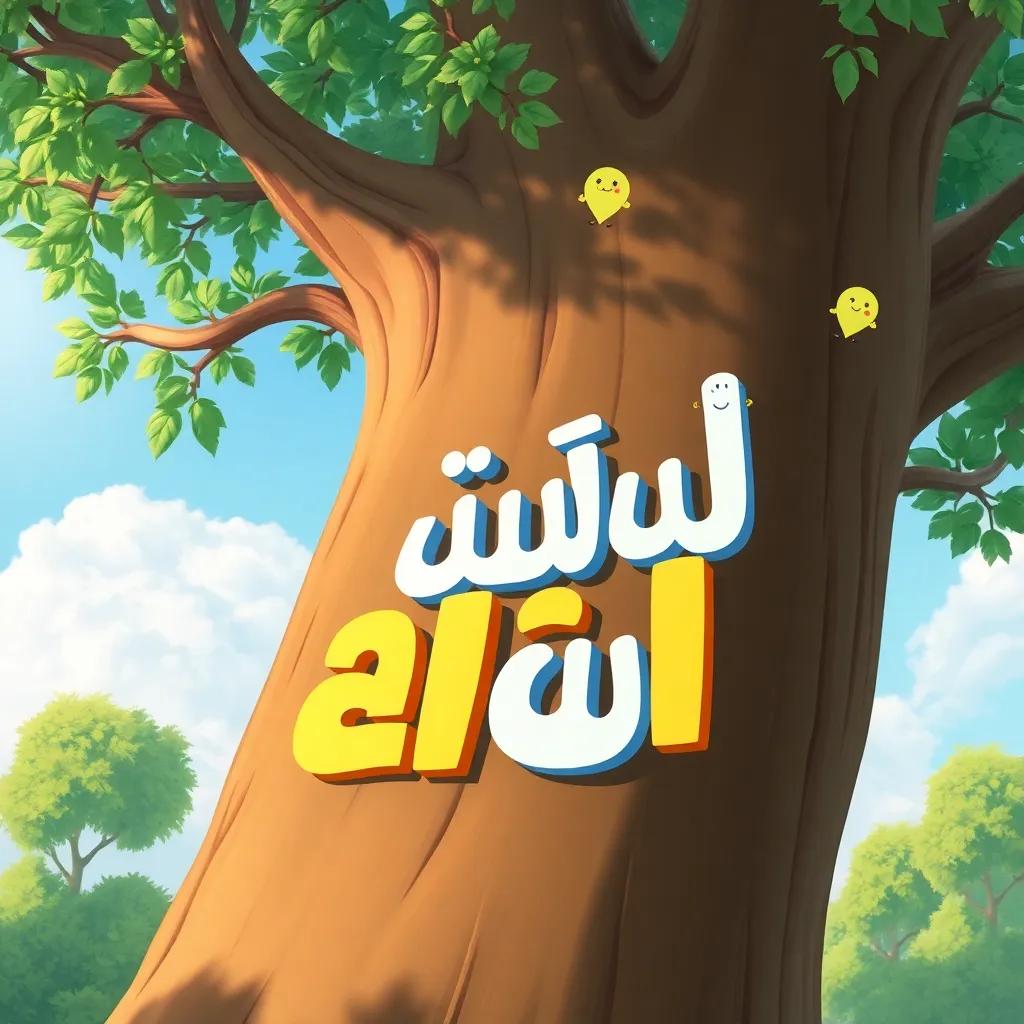 Arabic letters climbing a large tree together, teamwork and determination in their expressions, lush green leaves and a blue sky in the background, cheerful and encouraging mood, illustration, colorful, welcoming visually
