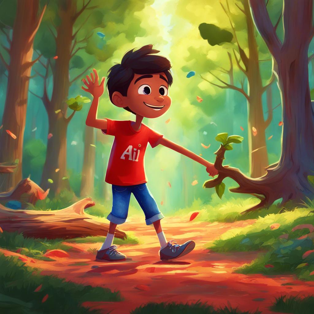 A boy named Ali, 8 years old, wearing a bright red shirt and blue jeans, in a sunny forest with tall trees, drawing letters on the ground with a branch, cheerful atmosphere, digital art, vibrant colors, high quality