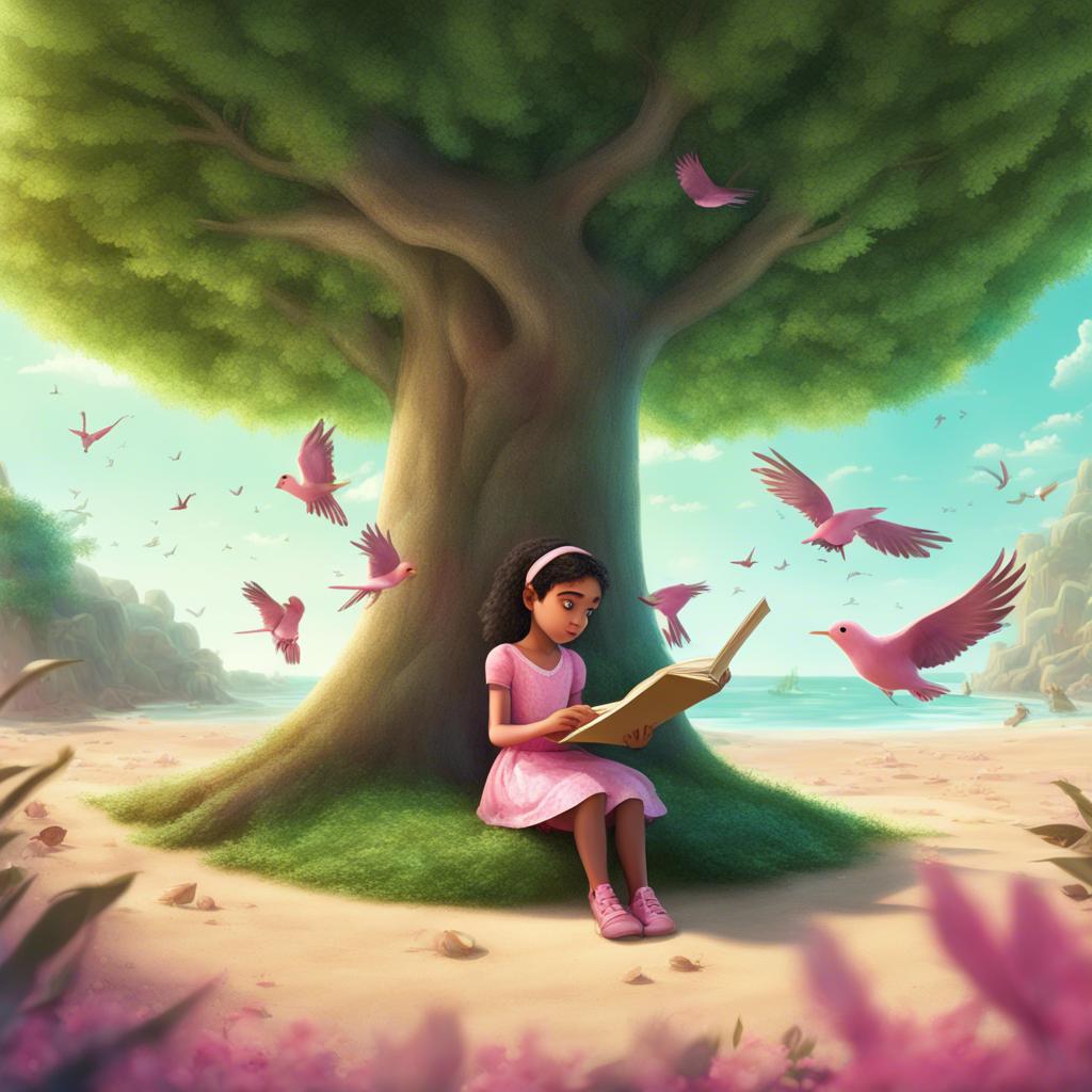 Ali and Fatima, an 8-year-old girl in a pink dress, sitting under a large green tree, drawing the letter 'أ' in the sand, surrounded by birds singing, whimsical, fantasy
