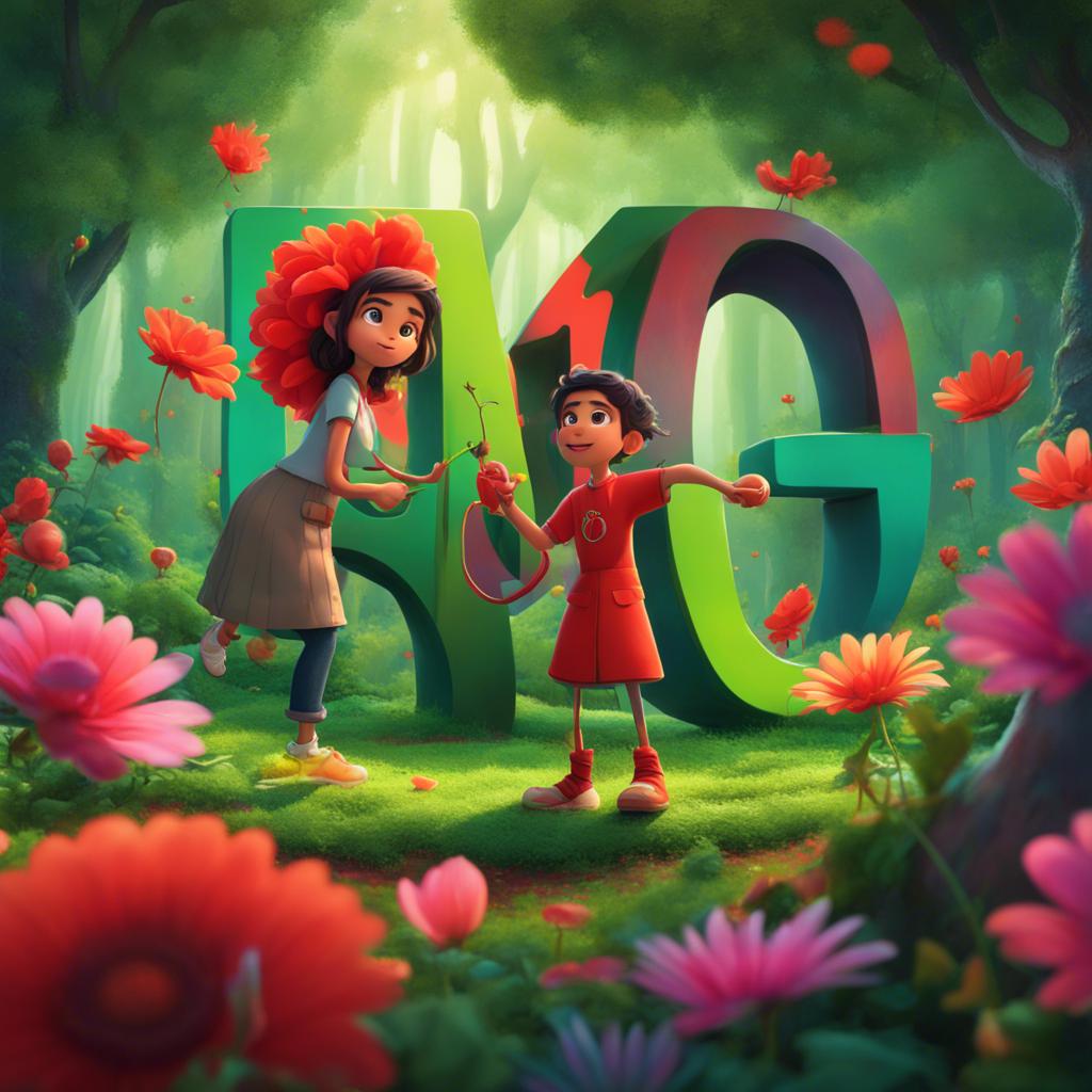 A colorful flower with red petals in a lush green forest, next to Ali and Fatima who are drawing the letter 'ب' around it, bright colors, cheerful vibe