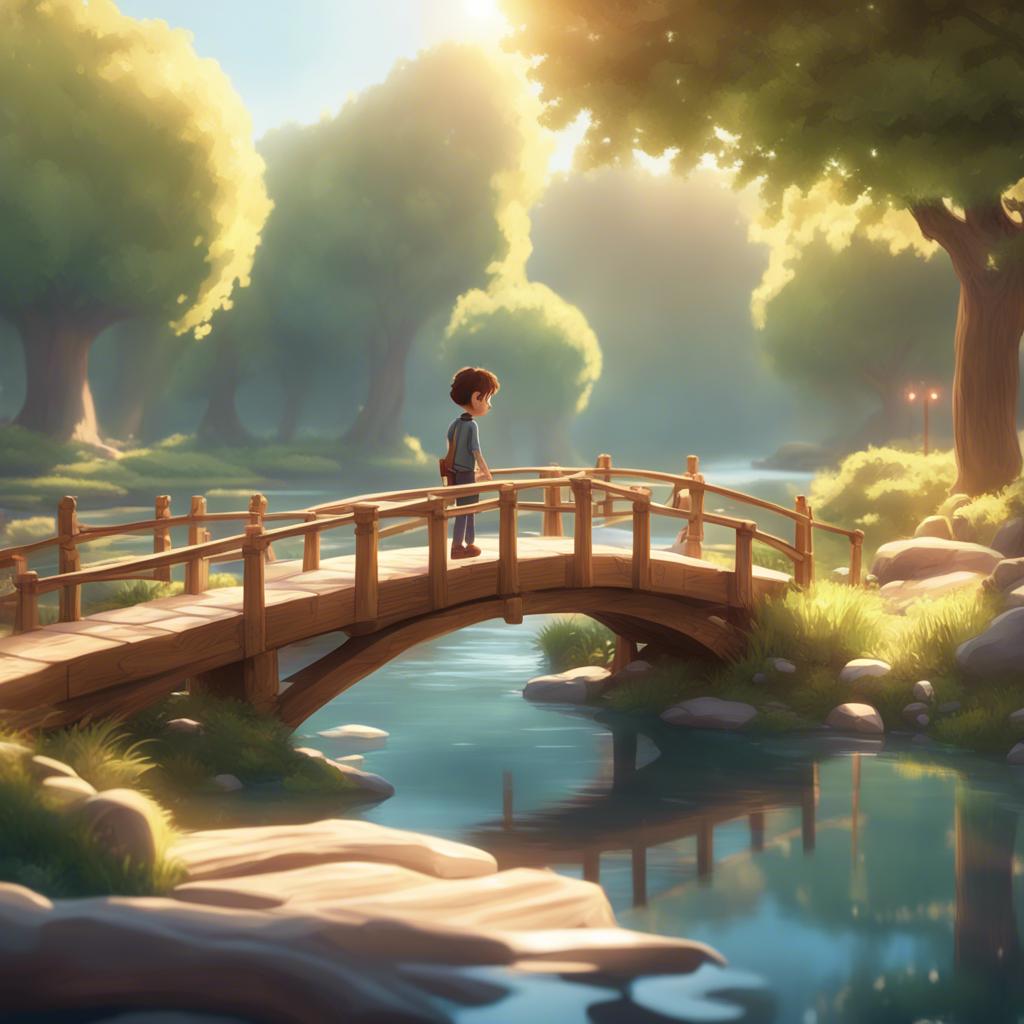 A small wooden bridge over a flowing river, with Ali drawing the letter 'ت' on the bridge, delightful scene, bright sunlight illuminating the water