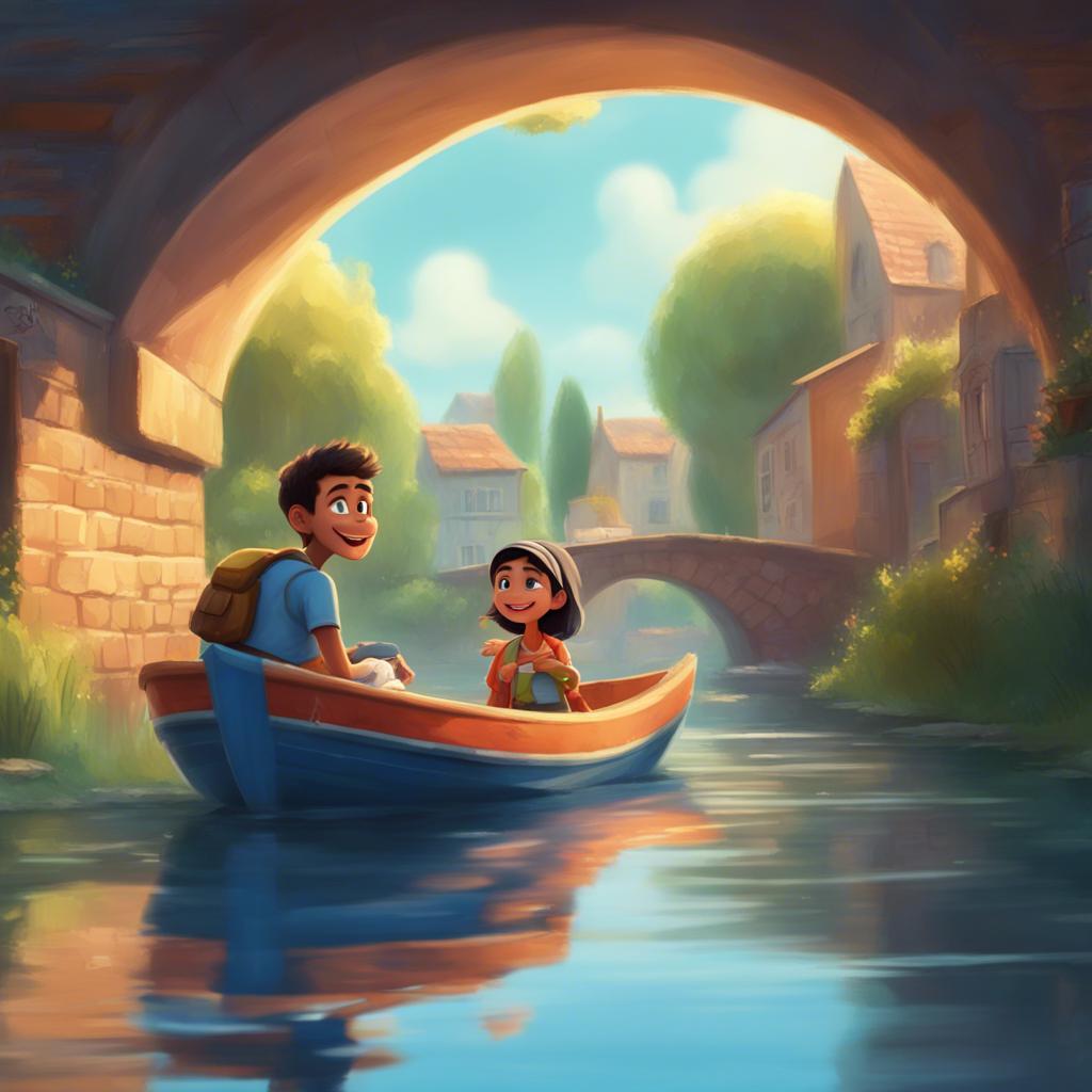 A small boat passing under the bridge with a friendly smile, greeting Ali and Fatima while they draw letters, cheerful atmosphere, inviting scene