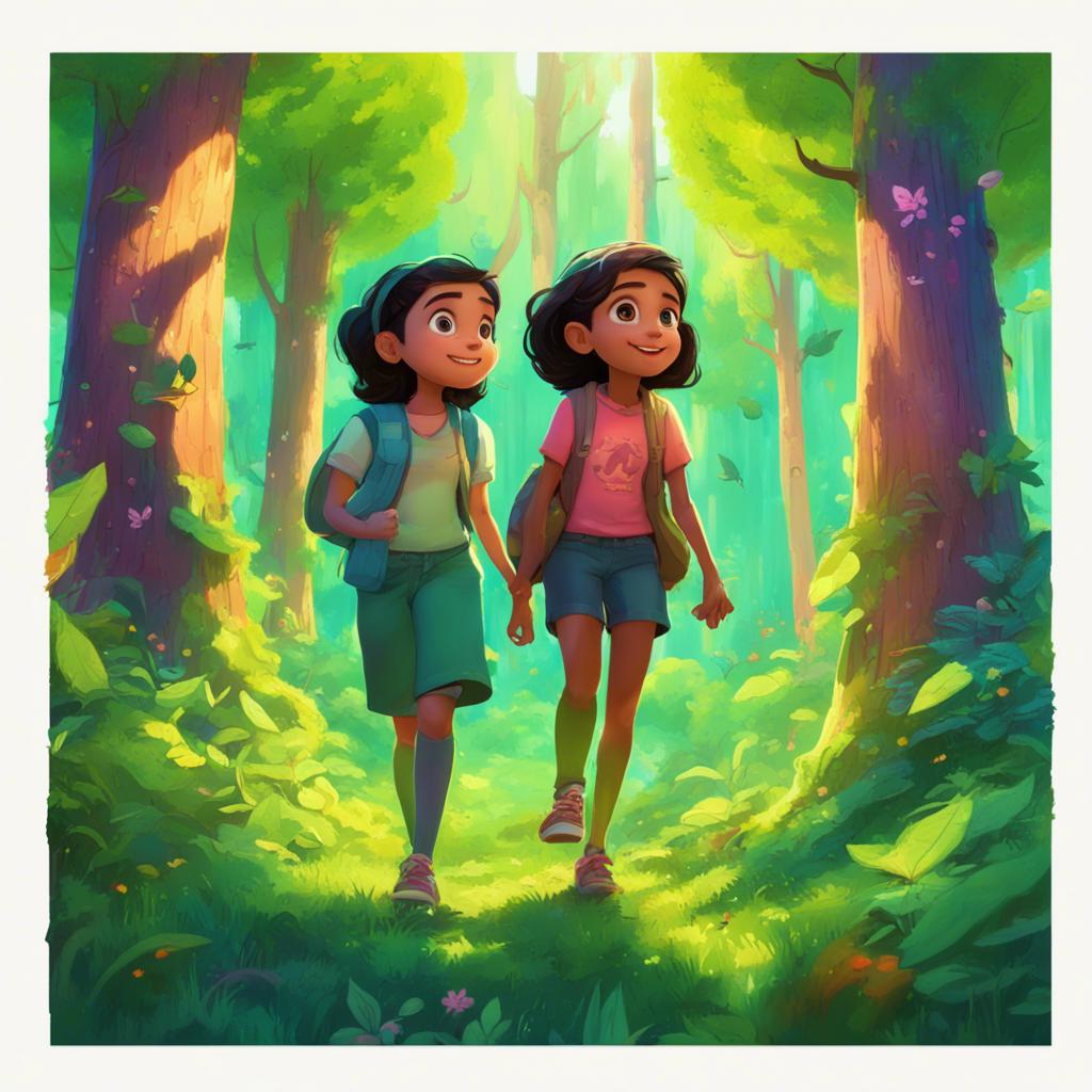 Ali and Fatima exploring the vibrant green forest, with drawn letters around them, joyful expressions, magical forest in the background, colorful