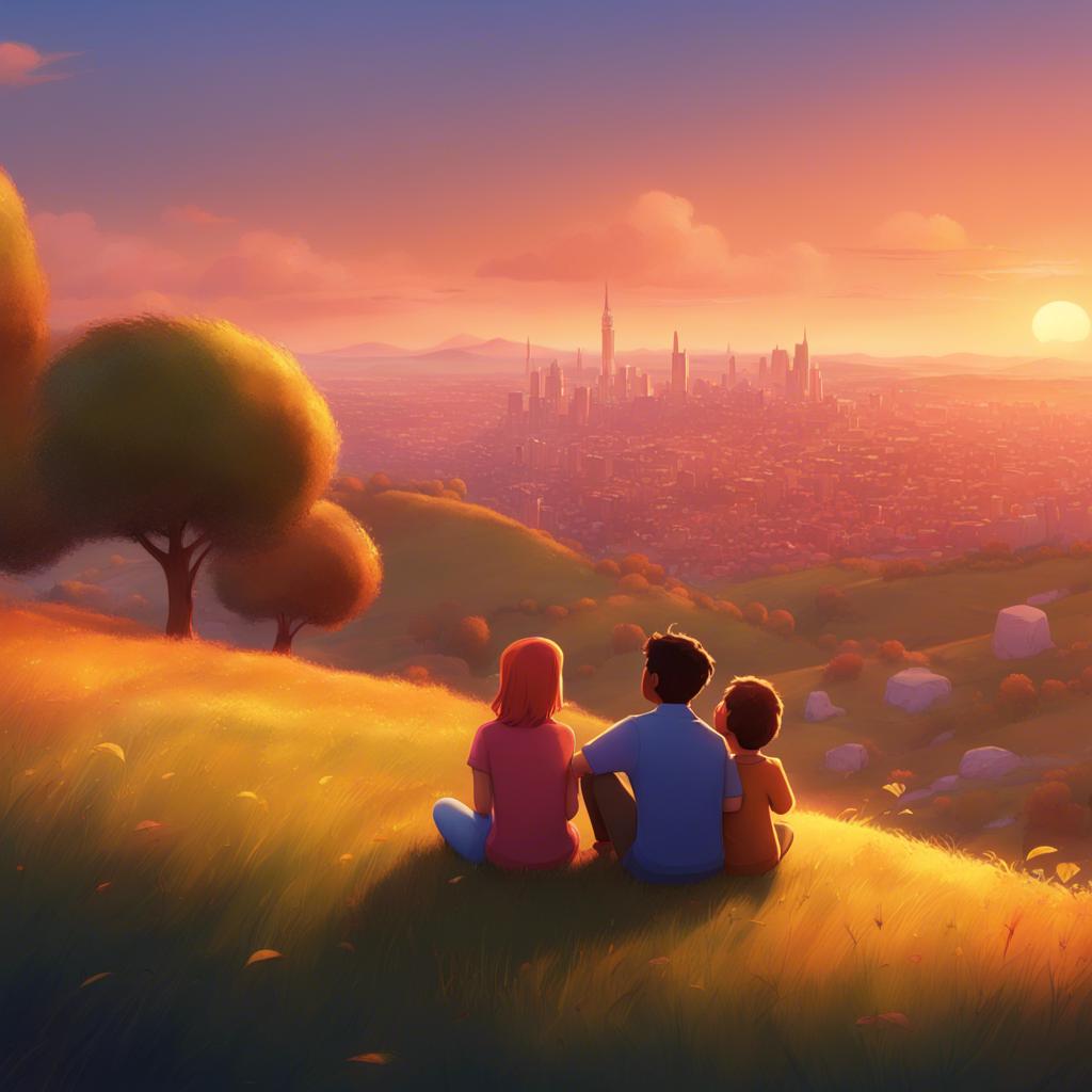 Ali and Fatima, sitting on a grassy hill at sunset, sharing their adventure story, happy parents listening to them, warm colors