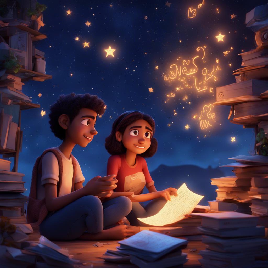 A night scene with stars shining, Ali and Fatima talking about their adventure, surrounded by letters glowing in the dark, enchanting and whimsical
