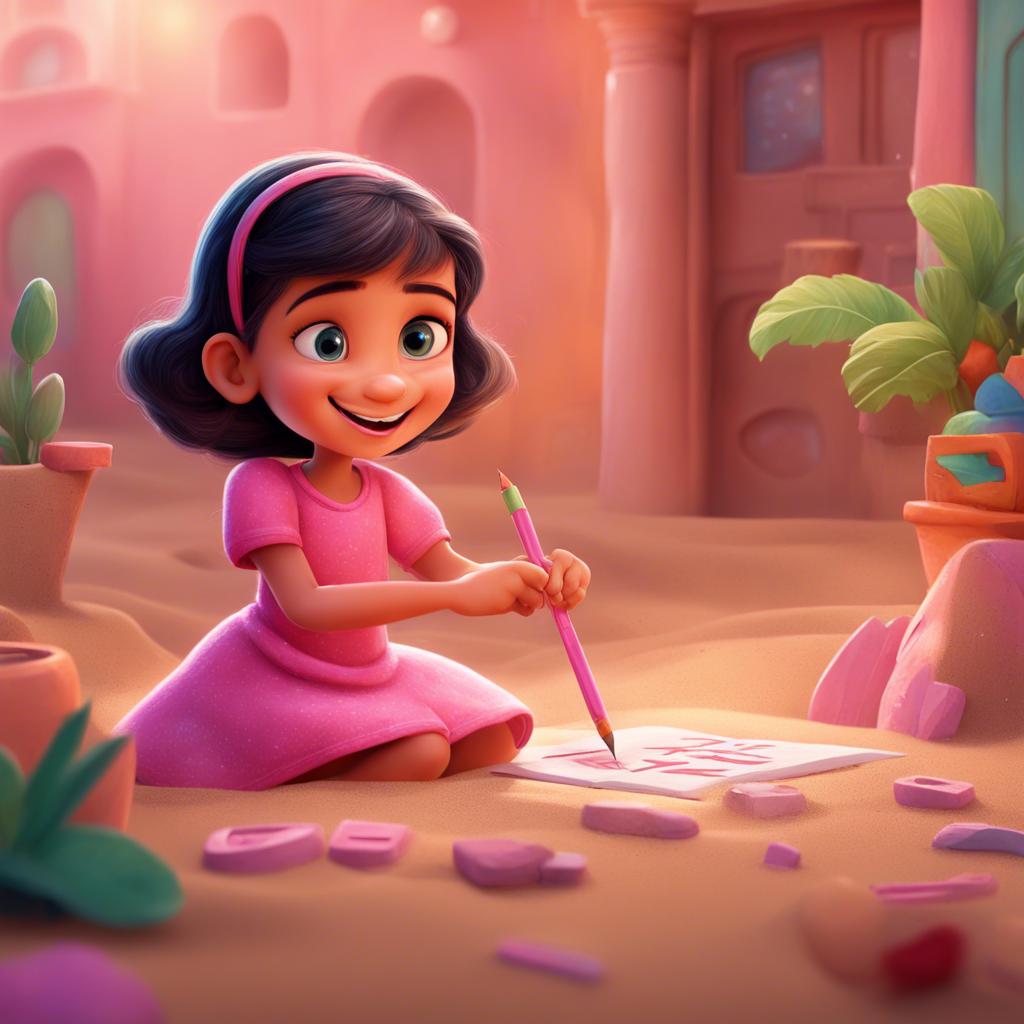 Fatima, an 8-year-old girl in a pink dress, drawing letters in the sand with a cheerful smile, bright and colorful surroundings