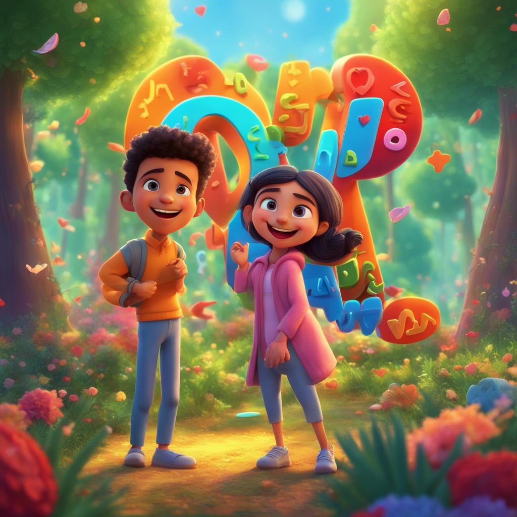 Ali and Fatima with colorful letters around them, celebrating their love for the Arabic alphabet, joyful expressions, vibrant forest scene