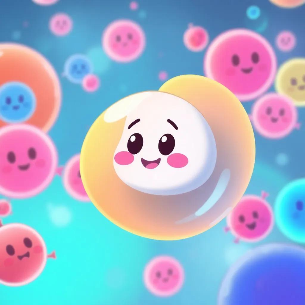 A cute, small cell named Nanna, with a happy smiling face, floating in a big colorful body, surrounded by other friendly cells, cartoon style, bright colors, cheerful atmosphere, high quality