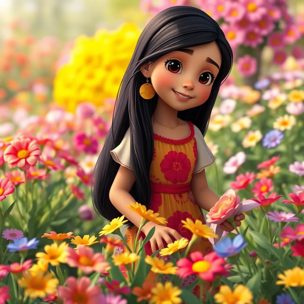 A young Arab girl, Leila, with long black hair, wearing a colorful dress, gathering flowers in a bright garden filled with vibrant flowers, cheerful atmosphere, digital art, warm colors, happy scene, high quality