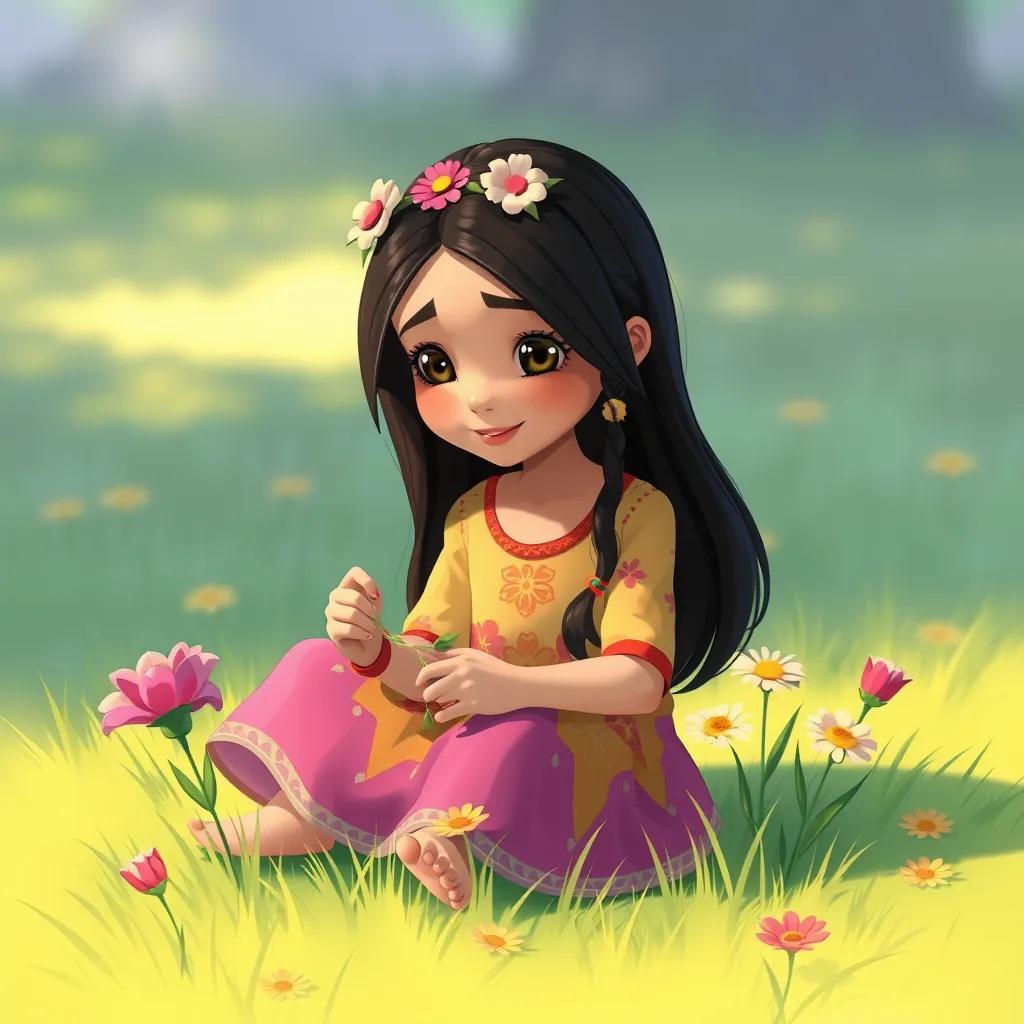Leila, a young Arab girl, with long black hair in a colorful dress, sitting on the grass, tying flowers together to craft a beautiful crown, focused expression, illustration, creative environment, light colors, high quality