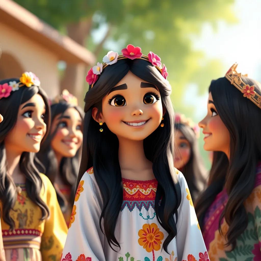 Leila, a young Arab girl, with long black hair in a colorful dress, wearing a floral crown and smiling, standing with her friends who are also wearing crowns, joyful gathering, bright sunlight, friendly atmosphere, digital art, high quality