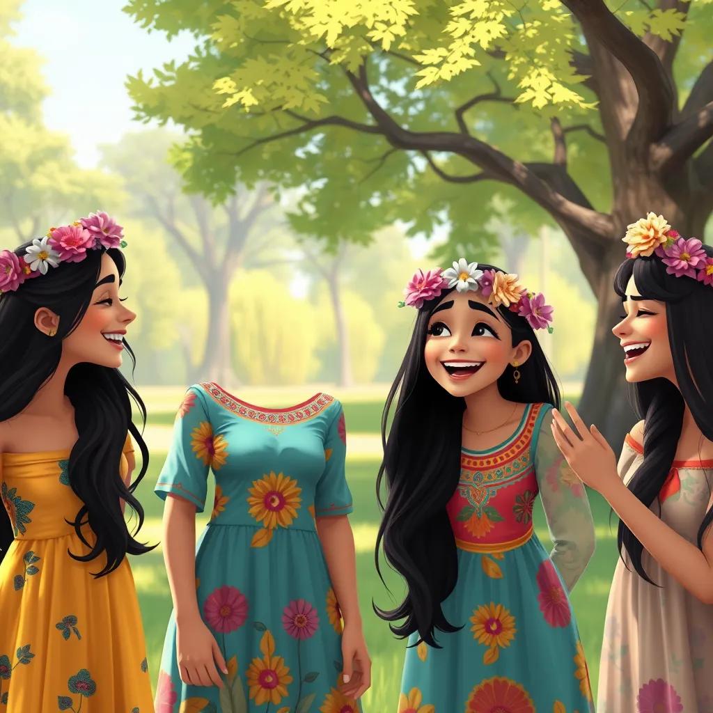 Leila, a young Arab girl with long black hair in a colorful dress, laughing with her friends in a park, sharing flower crowns with each other, surrounded by nature and trees, cheerful scene, vibrant colors, digital painting, high quality