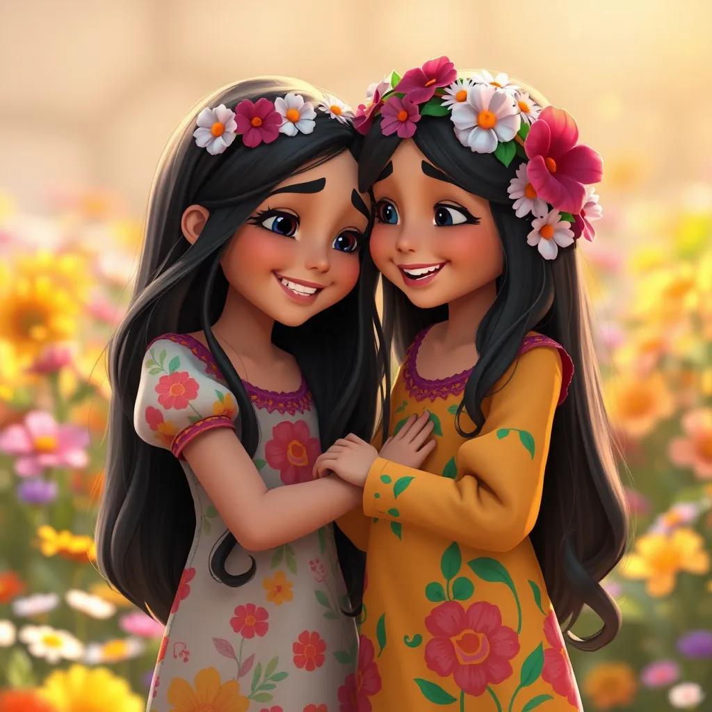 Leila, a young Arab girl with long black hair in a colorful dress, sharing her flower crown with a friend, with happy expressions, colorful flowers in the background, warm light, heartwarming moment, digital art, high quality