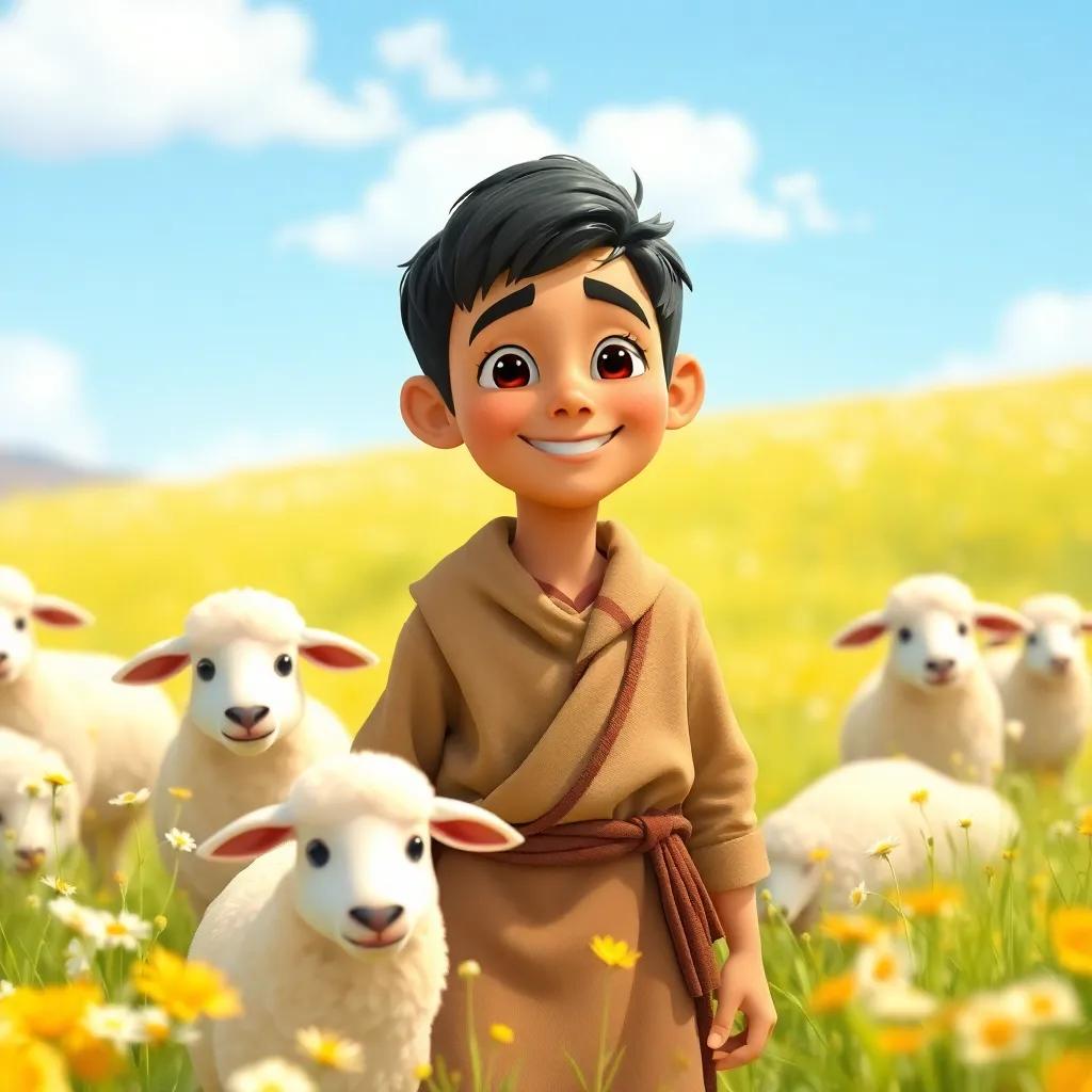 A happy shepherd, Ali, a young Middle-Eastern boy with short black hair and a light brown tunic, herding sheep in a sunny meadow with blooming wildflowers, digital art, bright colors, cheerful atmosphere, high quality