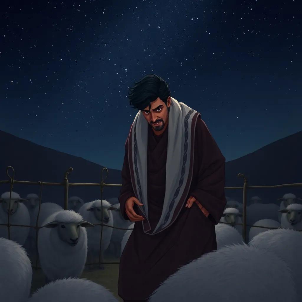 A sneaky rich neighbor, Youssef, an adult Middle-Eastern man with dark hair, wearing a luxurious robe, sneaking around a sheep pen at night under a starry sky, digital art, dark colors, tense atmosphere, high quality