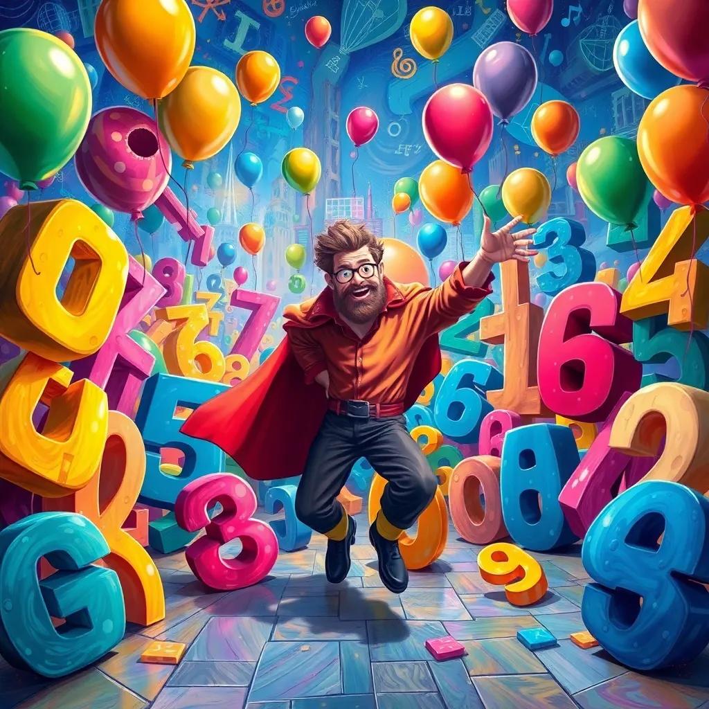 A vibrant fantasy world of mathematics, filled with dancing numbers, colorful and lively with balloons, Moataz appearing as a heroic figure among the playful numbers, digital art, whimsical style, bright colors, lively perspective, high quality