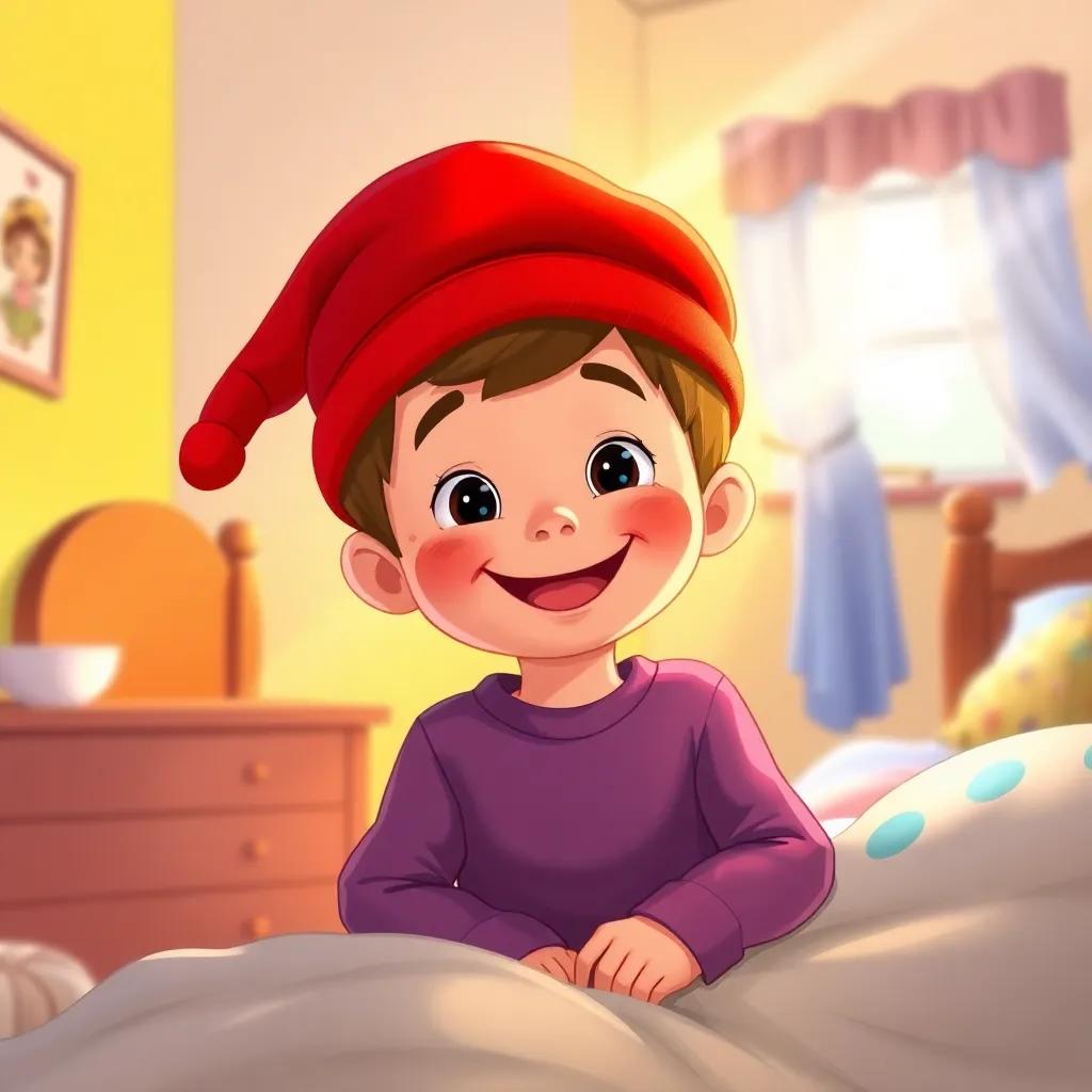 A smiling child, Yazan, wearing a bright red hat, waking up in a cozy bedroom with sunlight streaming in, colorful walls, cheerful atmosphere, digital art, vibrant colors, warm light, heartwarming scene, high quality