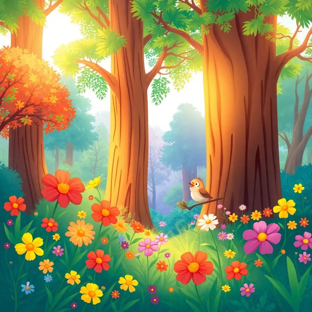 A colorful forest filled with big trees and bright flowers, a small bird perched on a branch singing happily, warm sunlight filtering through the leaves, joyful atmosphere, illustration, cheerful, captivating view, high quality