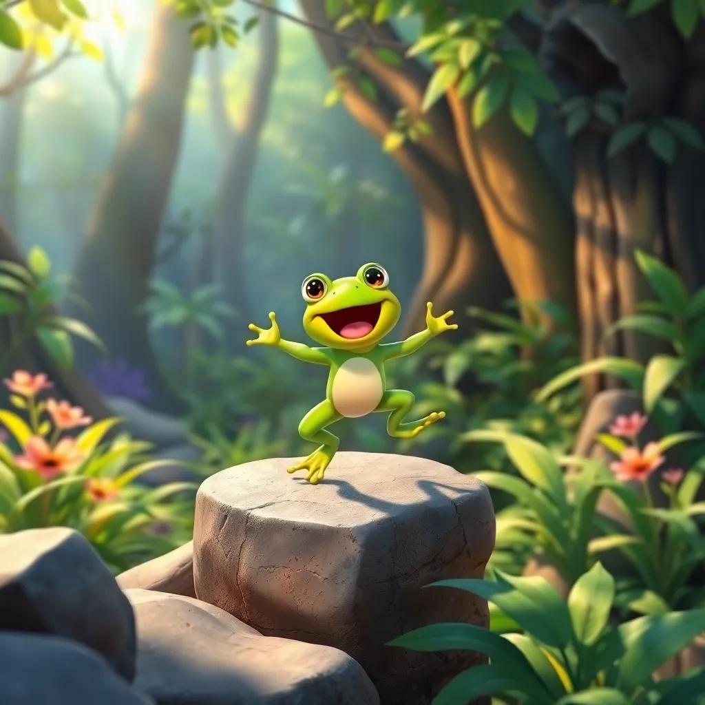 A small green frog, joyfully singing while jumping from stone to stone in a vibrant forest, surrounded by lush greenery and sunlight filtering through, illustration, colorful, cheerful, child-friendly