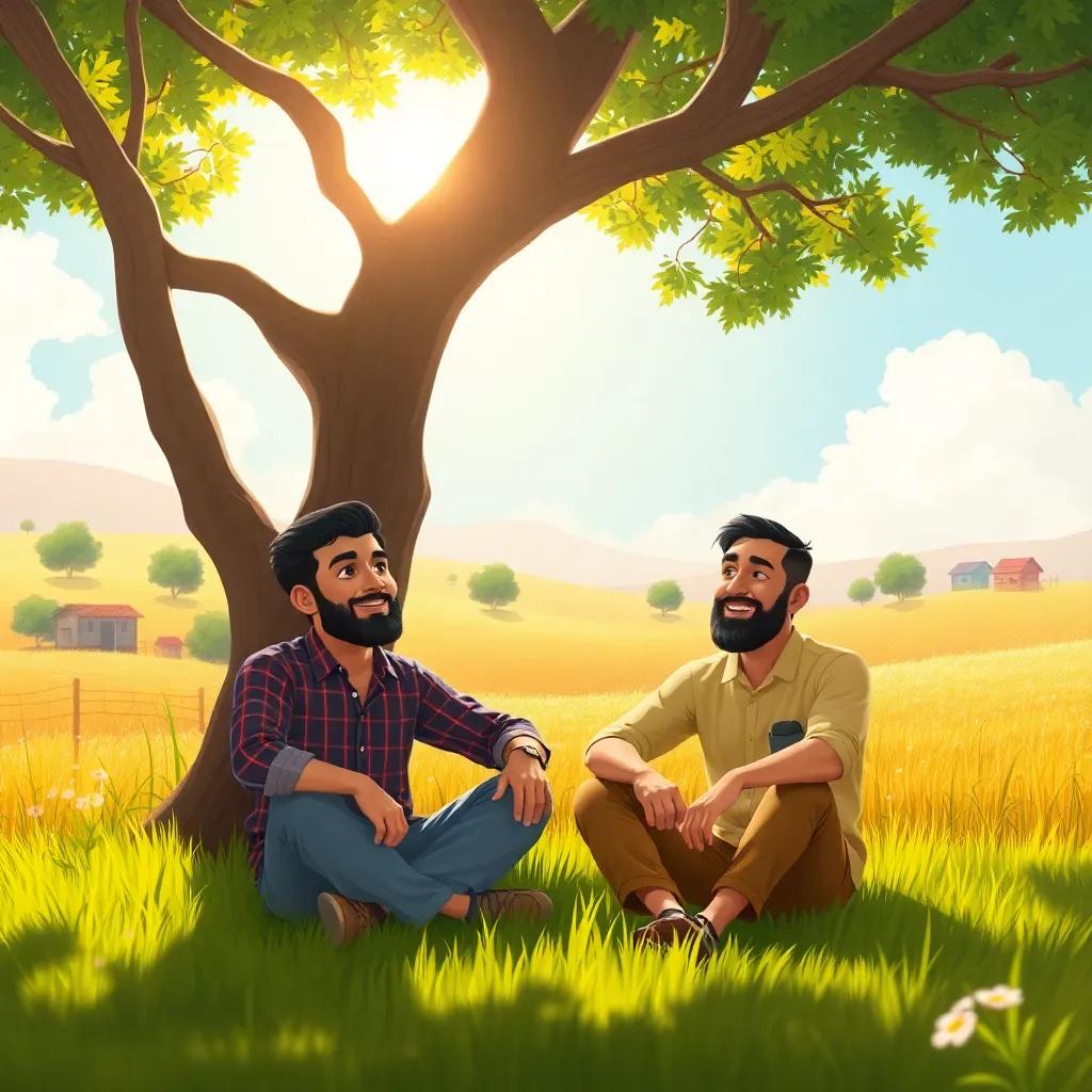 A bright sunny countryside scene with two men, Ahmed and Bilal, sitting under a big tree, lively atmosphere, warm colors, digital art, cheerful mood