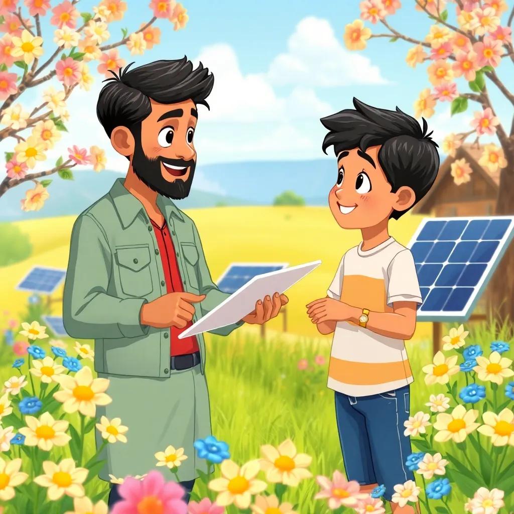 Ahmed explaining solar panels to Bilal in the countryside, surrounded by blooming flowers and blue skies, colorful and engaging illustration, friendly interaction