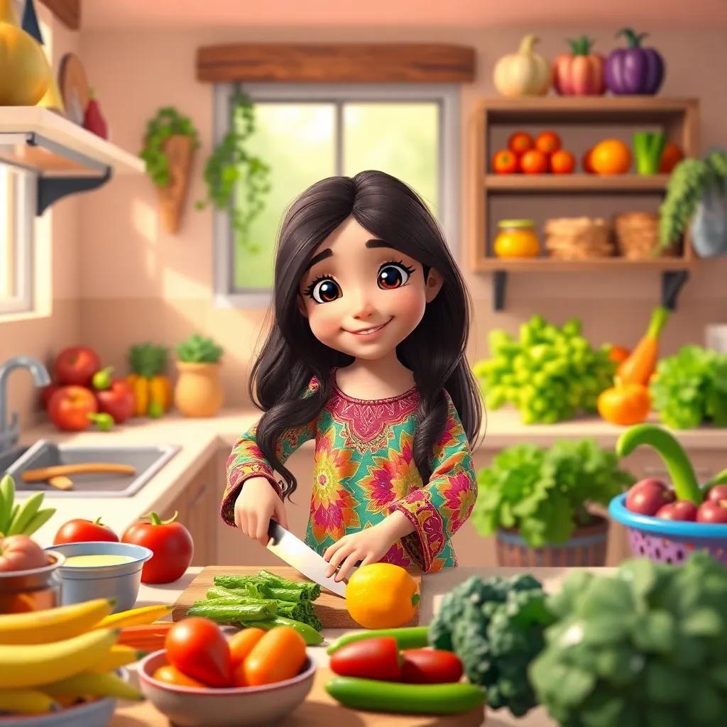 A young Arab girl, Hala, with long, dark hair wearing a colorful dress, chopping vegetables in a bright kitchen filled with fresh ingredients, vibrant colors, cheerful atmosphere, digital art, high quality