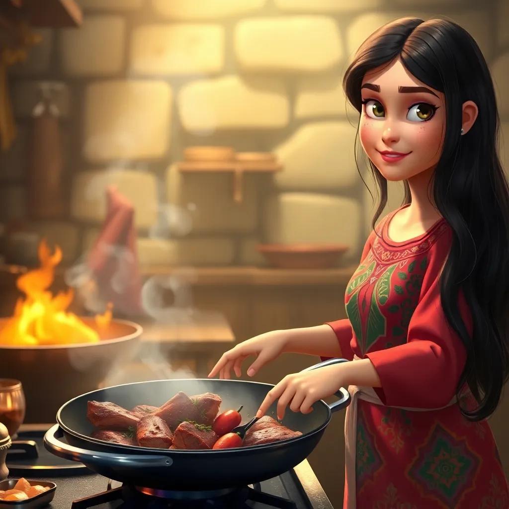Hala, a young Arab girl with long, dark hair in a colorful dress, cooking meat in a pan with herbs and spices, the kitchen filled with delicious aromas, warm light, inviting scene, digital painting, realistic, mouth-watering