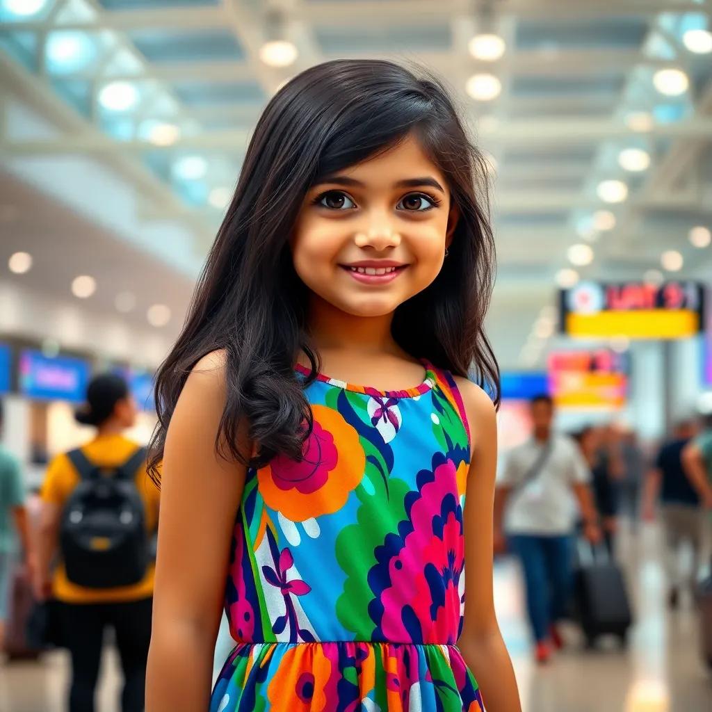 A young Arab girl, Sarah, with long dark hair, wearing a colorful dress, standing in an airport terminal with excitement, surrounded by people and bright lights, digital art, cheerful atmosphere, lively colors, high quality