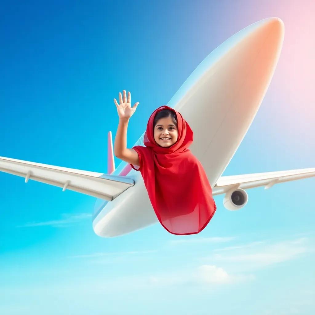 An airplane flying in the sky with a beautiful blue background, with Sarah, a young Arab girl waving from the window, full of wonder and joy, digital art, vibrant colors, uplifting scene, high quality