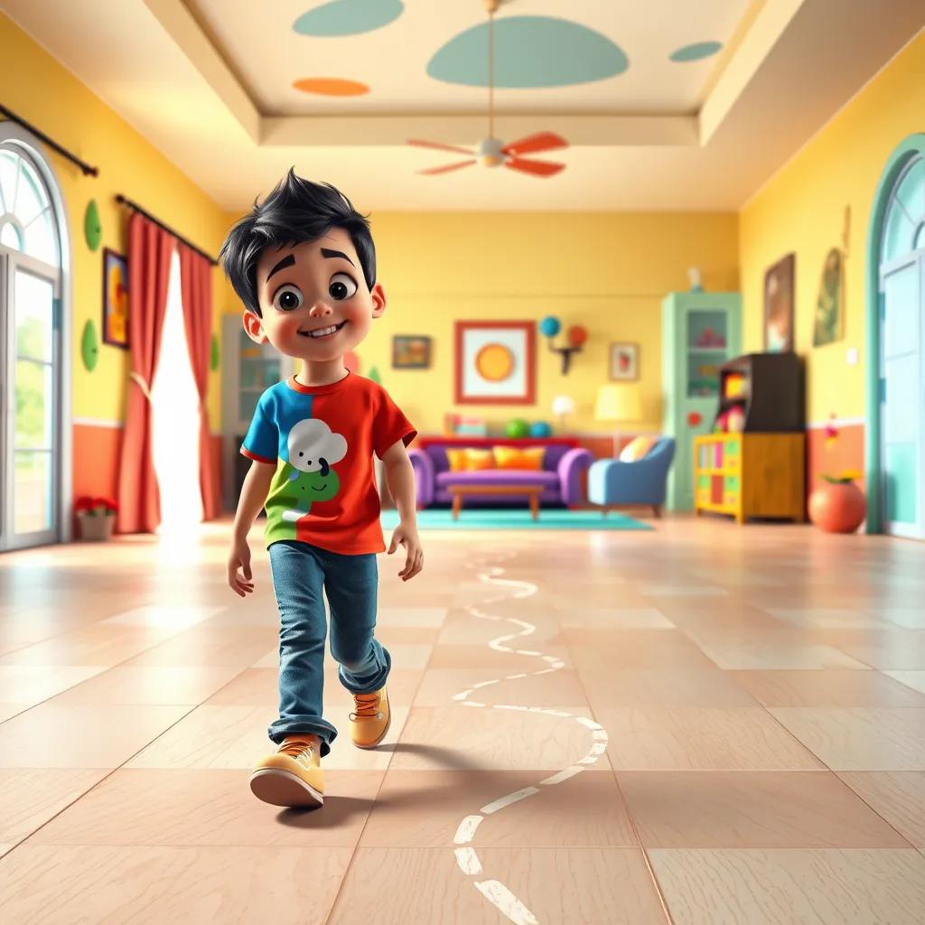 A young Arab boy, around 8 years old, with short black hair, wearing a colorful t-shirt and jeans, walking on a large floor in a spacious house, following drawn footsteps leading to the living room, colorful walls and playful designs, illustration, cheerful, adventure-themed, vibrant environment