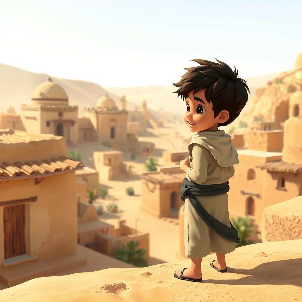 **Prompt:** A little Arabic boy named Ali exploring his traditional village, observing ancient houses and the desert surrounding, soft warm colors, Bright sunny light, Wide angle, High quality