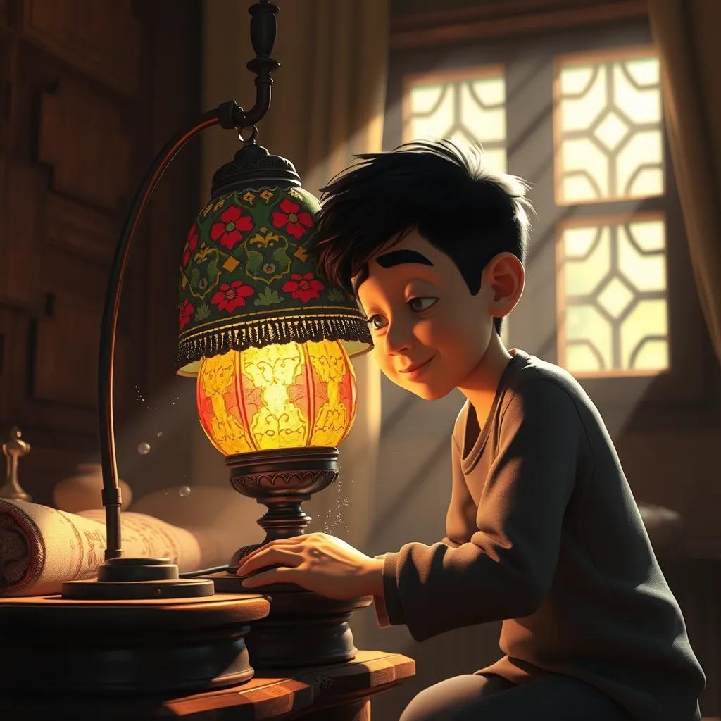 **Prompt:** Ali discovering an old colorful lamp in his grandfather's home, dust particles floating in the light, Nostalgic style, Wood and fabric materials, Sunlight streaming through the window, Warm colors, Closeup view, Realistic