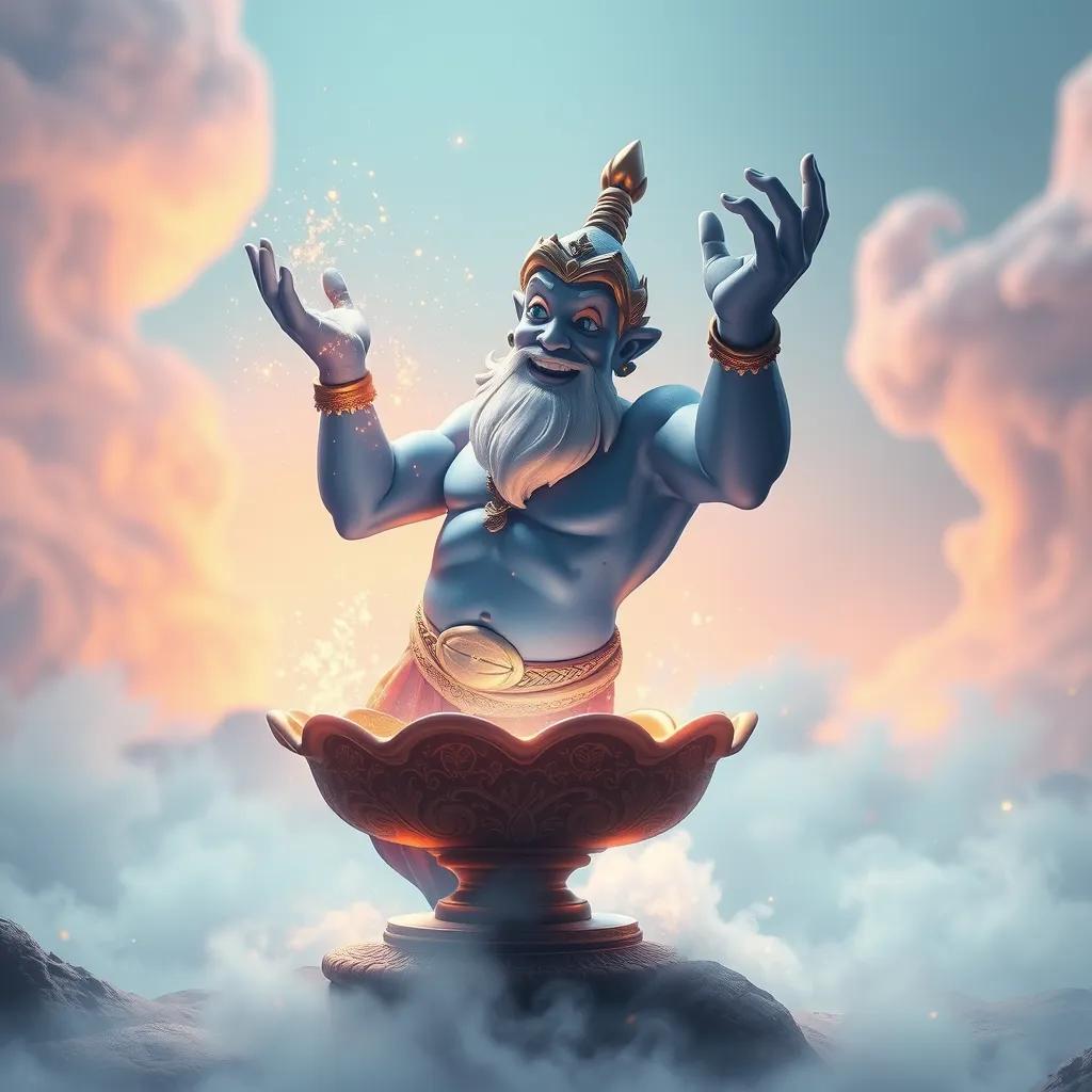 **Prompt:** A magical genie appearing from a glowing lamp with sparks flying, in a dreamy environment, Fantasy art style, Magical mist material, Glowing light, Bright colors, Epic wide shot, Extremely detailed