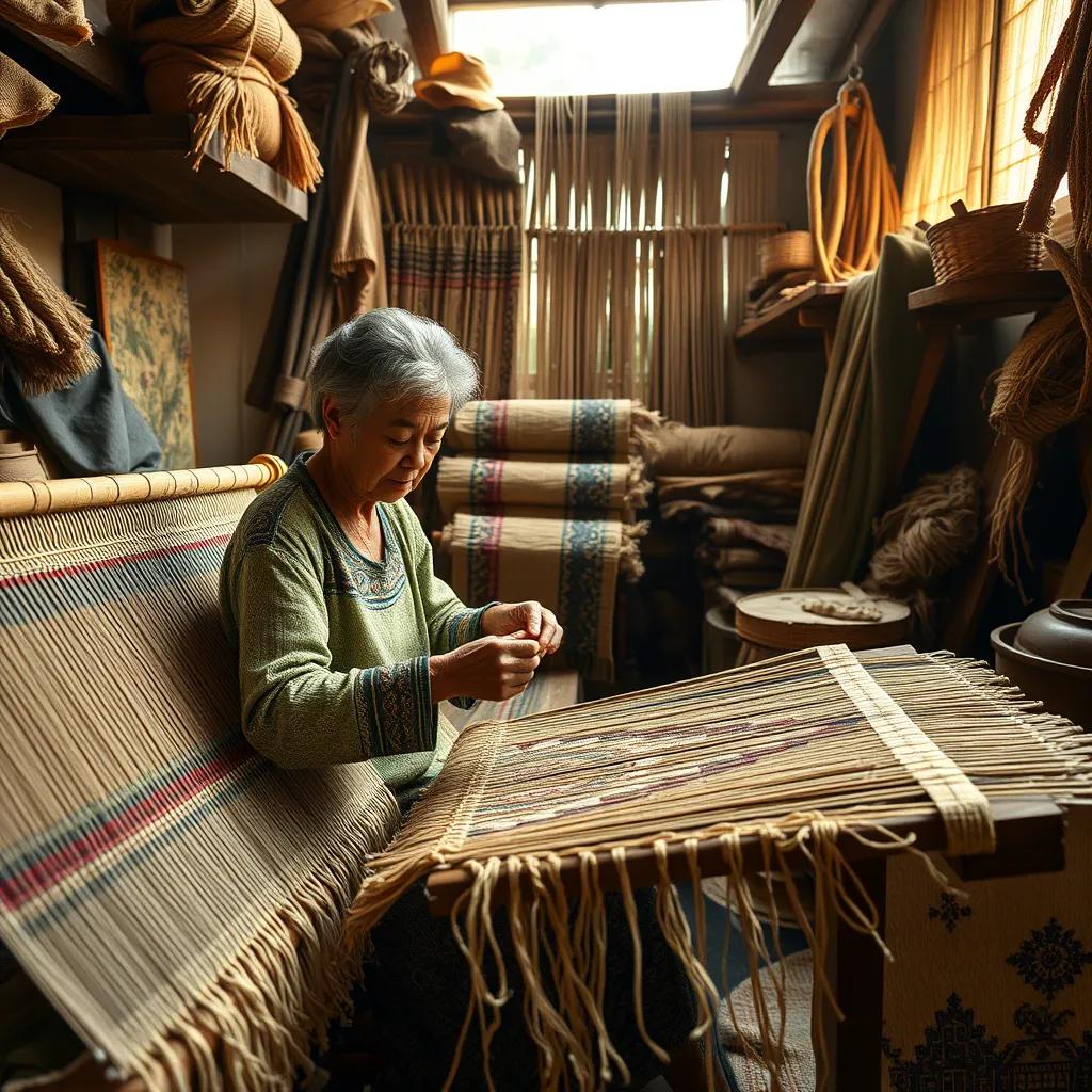 **Prompt:** A skilled weaver at work, creating beautiful fabrics with intricate designs, in a cozy workshop, Artistic style, Natural materials, Soft light, Earthy colors, Mid angle, UHD Ultra HD