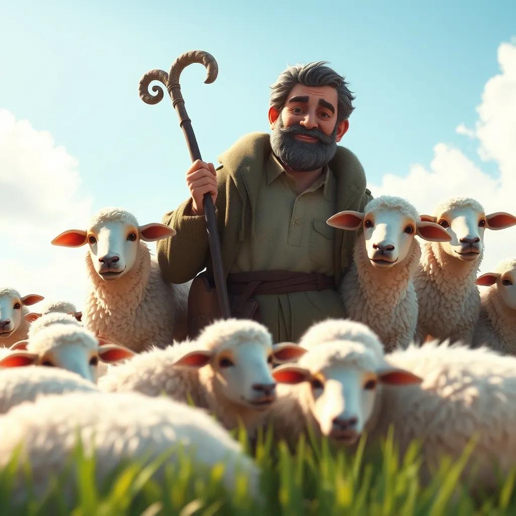**Prompt:** A kind shepherd surrounded by his flock of sheep on a sunny day, showcasing a serene landscape, Realistic style, Nature materials, Bright daylight, Pastel colors, Low angle, Realistic