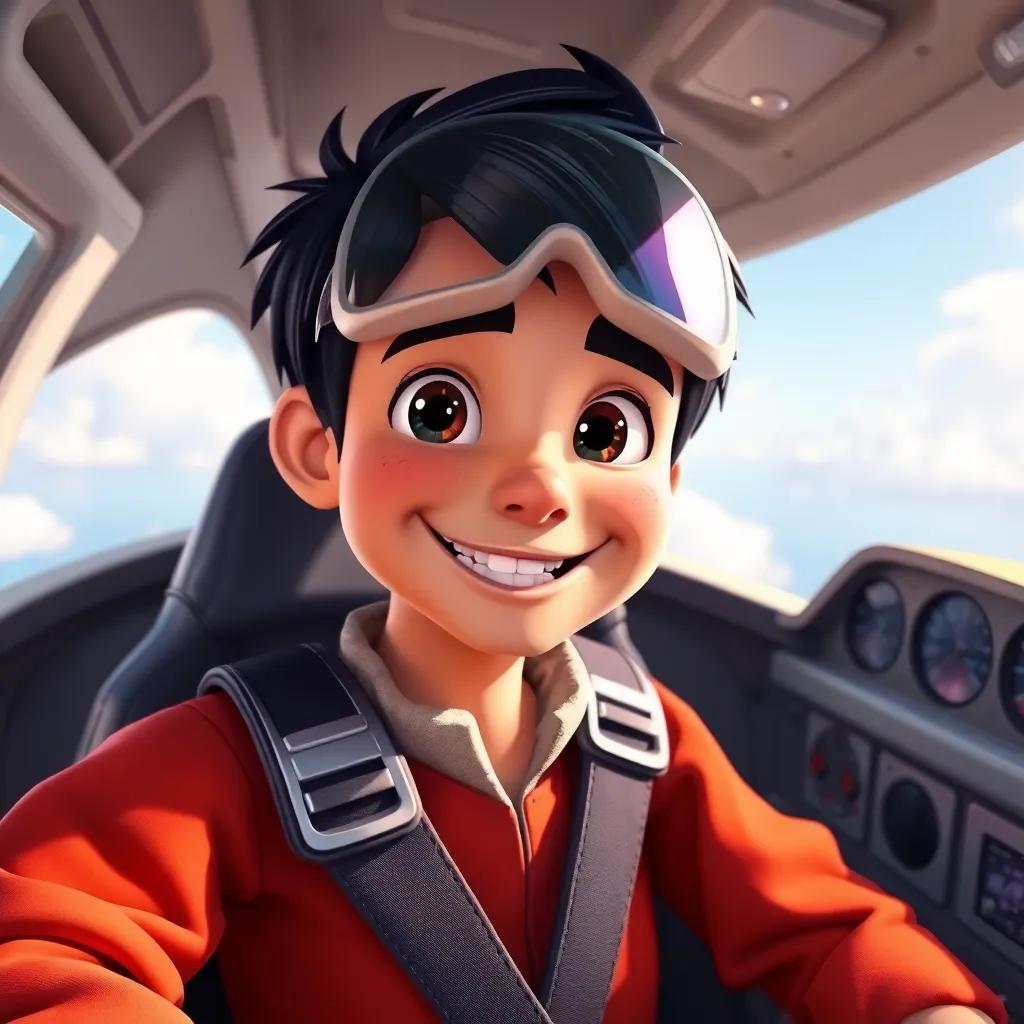 A brave pilot named Sami, with short black hair and wearing a flight suit, smiling in the cockpit of a small, beautiful airplane, digital art, vibrant colors, cheerful atmosphere, high quality