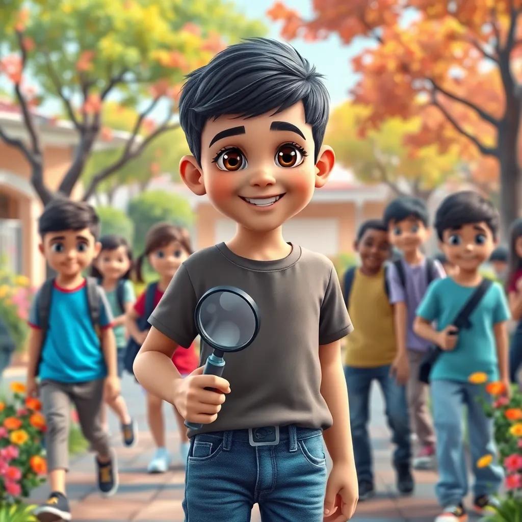 A young Arab boy, Sami, with short black hair wearing a t-shirt and jeans, holding a magnifying glass, surrounded by his friends in a colorful schoolyard with trees and flowers, digital art, vibrant colors, joyful atmosphere, high quality