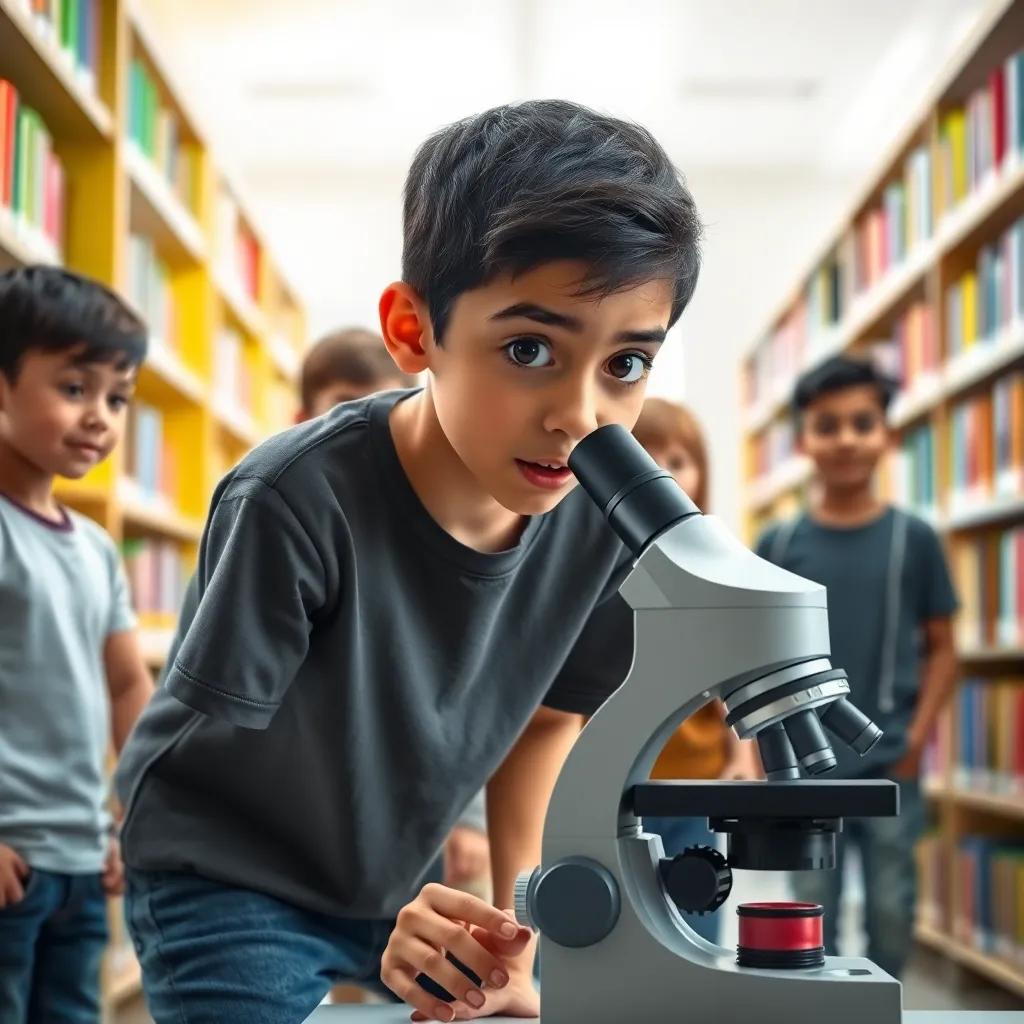 A young Arab boy, Sami, with short black hair wearing a t-shirt and jeans, looking through a microscope in a bright school library, amazed expressions on his face and his friends watching, colorful bookshelves in the background, digital art, detailed, engaging scene, child-friendly