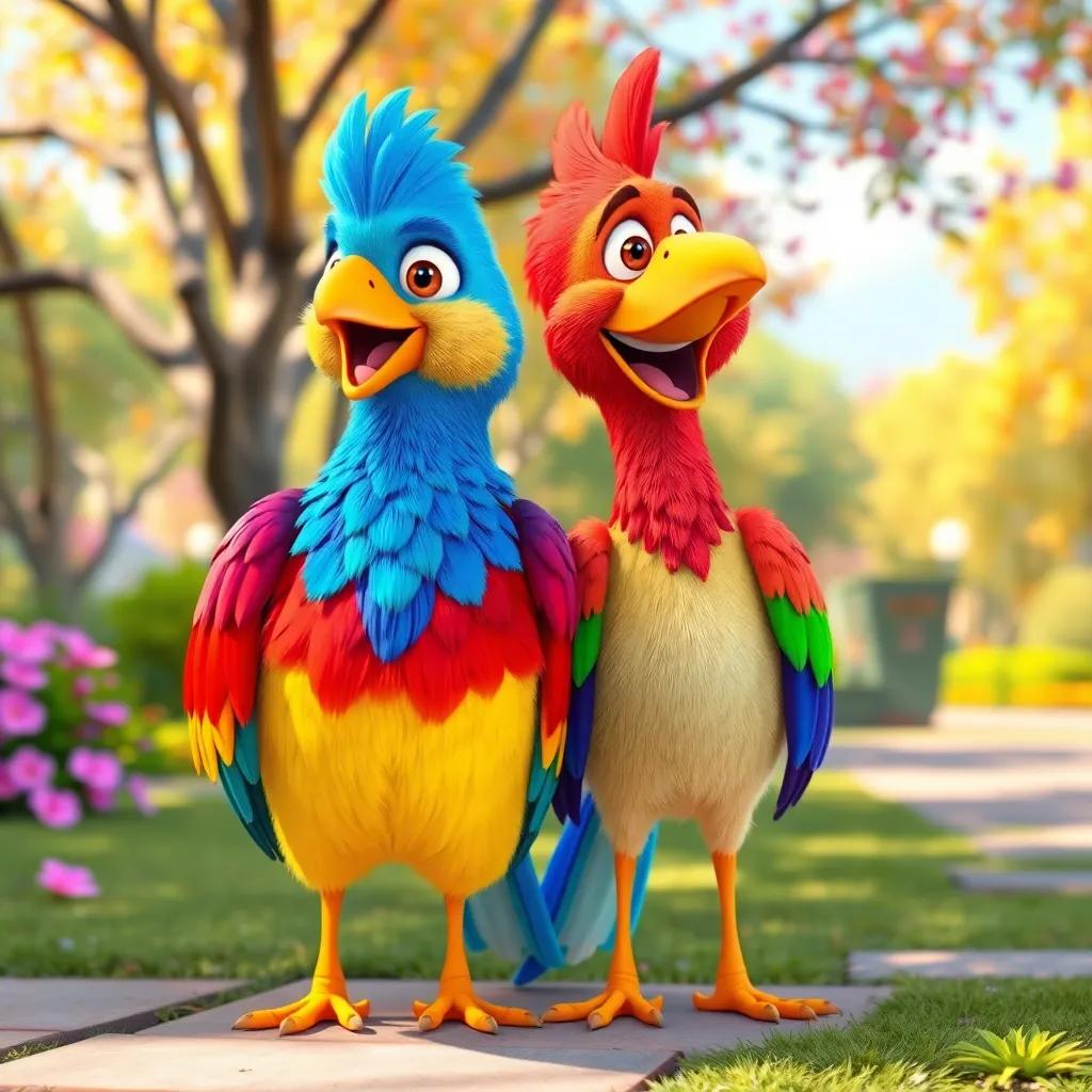 A cheerful bird with colorful feathers, standing next to Sami, in a bright park, animated, colorful, joyful scene, high quality