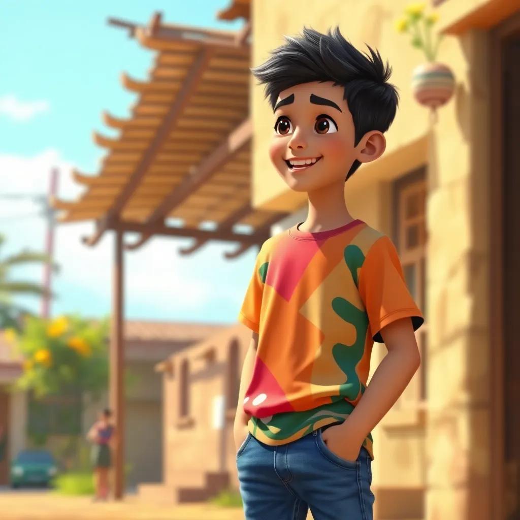 A young Arab boy, Ali, with short black hair wearing a colorful t-shirt and jeans, standing in a sunny village, smiling while talking to his friends about volunteering, digital painting, bright cheerful atmosphere, warm colors, high quality