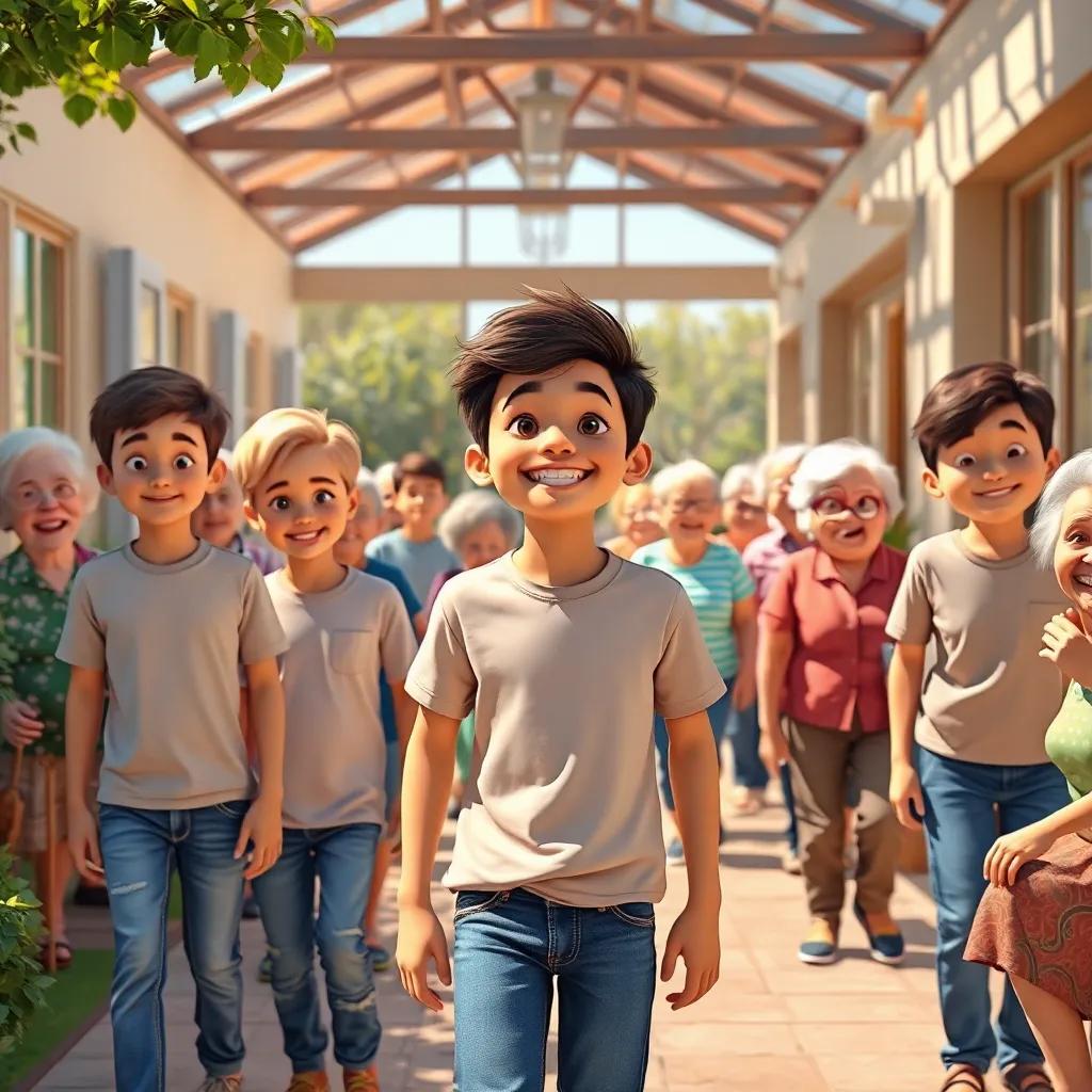 A group of young boys, including Ali, wearing t-shirts and jeans, happily arriving at a senior care home filled with smiling elderly faces, bright sunny day, cheerful vibe, digital art, uplifting scene, highly detailed