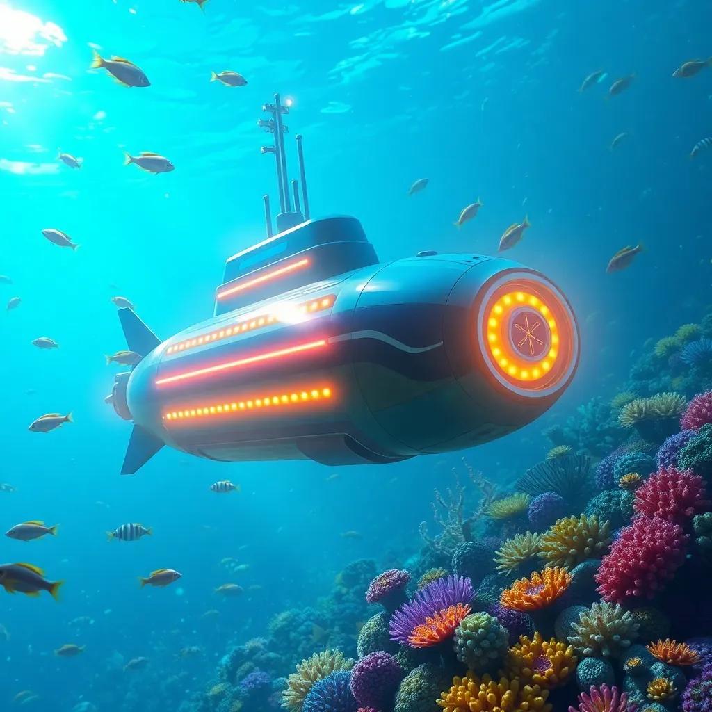 A futuristic submarine with glowing lights diving deep into the ocean, surrounded by vibrant marine life, digital art, bright colors, underwater view, high quality
