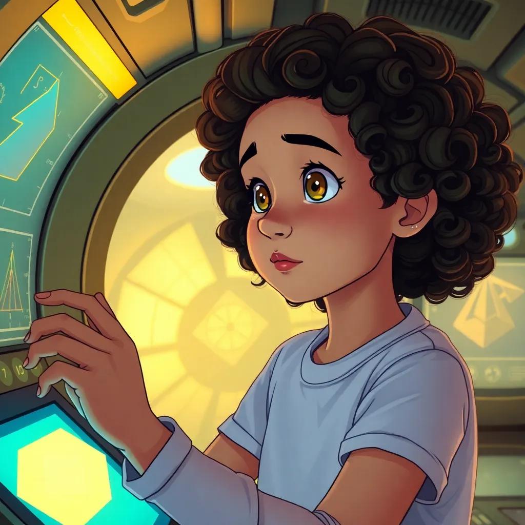 A teenage girl with curly hair, studying geometric shapes inside a submarine, focused expression, surrounded by glowing screens and mathematical drawings, illustration, bright colors, warm lighting