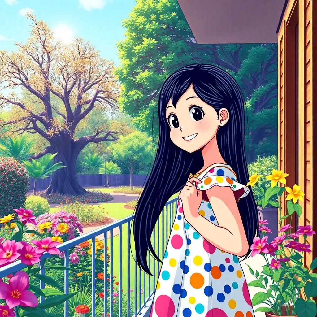 A 10-year-old girl, Layla, with long dark hair, wearing a colorful dress, standing on the balcony of her house, looking at colorful flowers and a big tree in the garden, cheerful expression, bright sunlight, vibrant colors, high quality