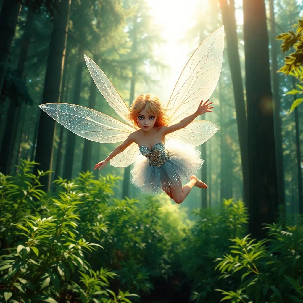 A beautiful fairy, Nora, with shimmering wings, wearing a sparkling dress, flying through a green forest, surrounded by tall trees and sunlight filtering through, determined expression, action scene, colorful, high quality