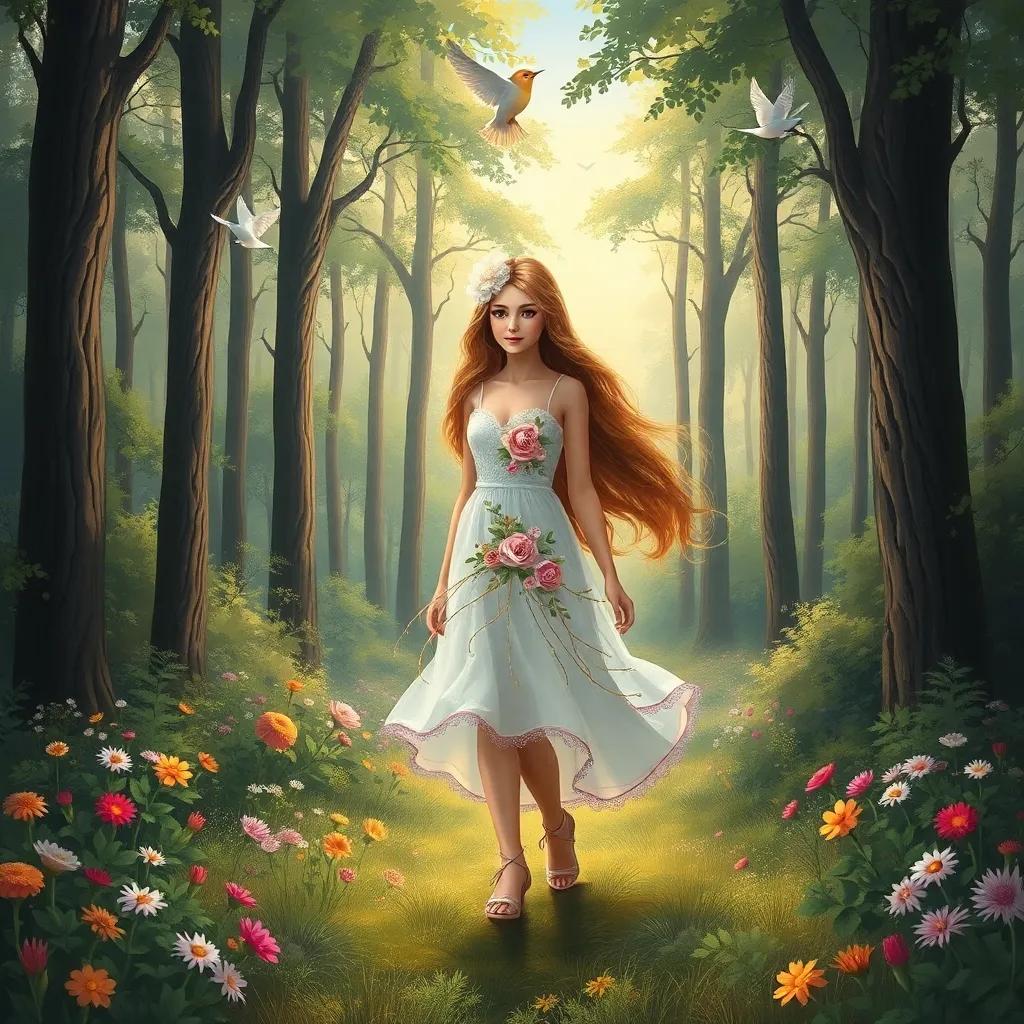 A beautiful girl, Layla, with long, shining hair, wearing a white dress adorned with flowers, walking in a vast forest filled with tall trees and singing birds, digital art, vibrant colors, cheerful atmosphere, high quality