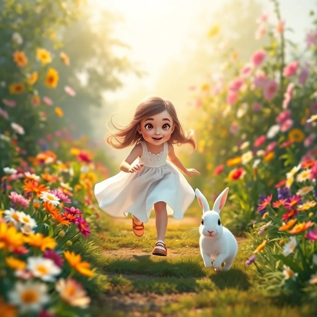 A young girl, Leila, wearing a beautiful white dress, running after a small white rabbit in a colorful garden filled with flowers, bright sunlight, vibrant colors, cheerful atmosphere, high quality