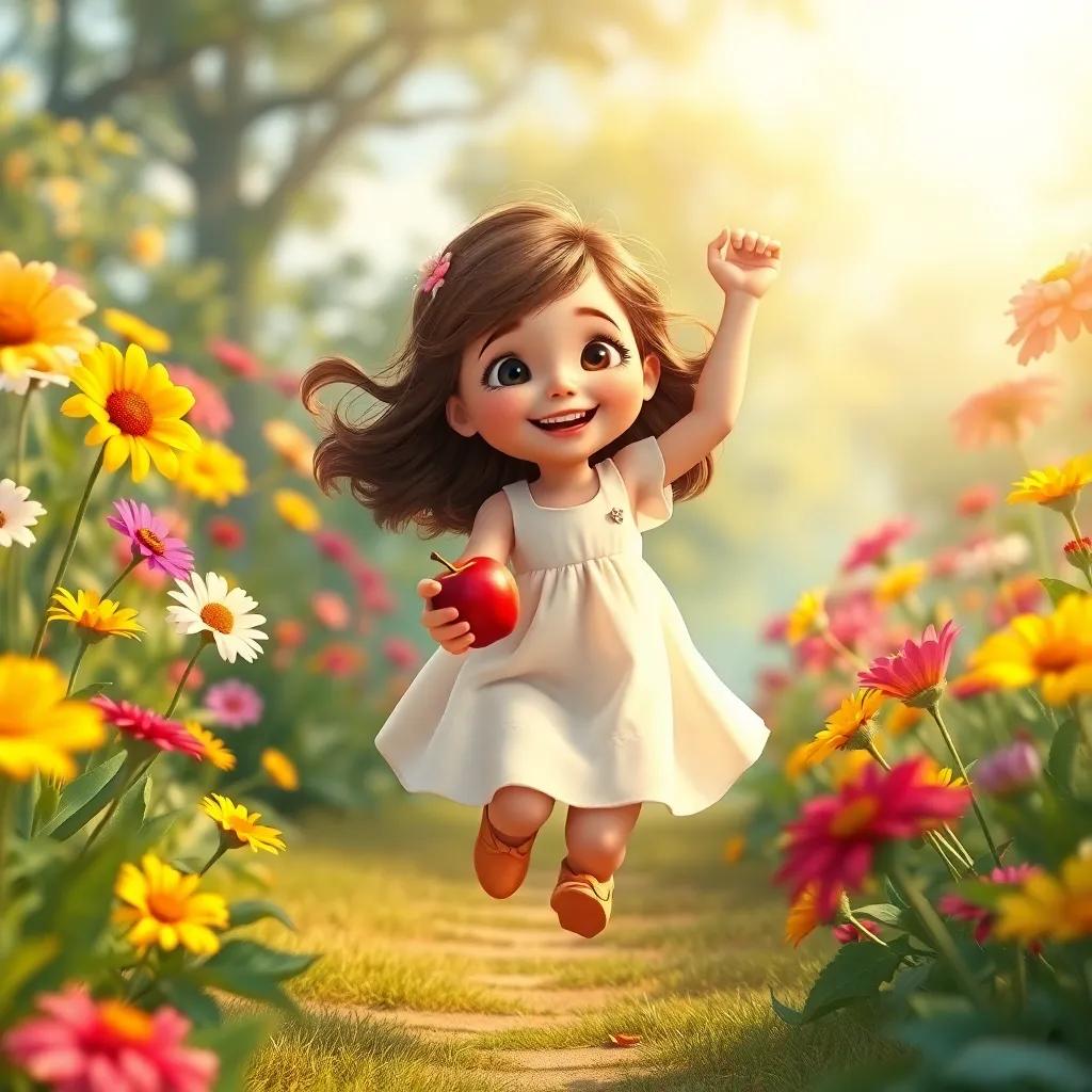 Leila, a young girl in a white dress, joyfully jumping between colorful flowers in a beautiful garden, holding a red apple in her hand, playful scene, warm light, lively colors, engaging perspective, high quality