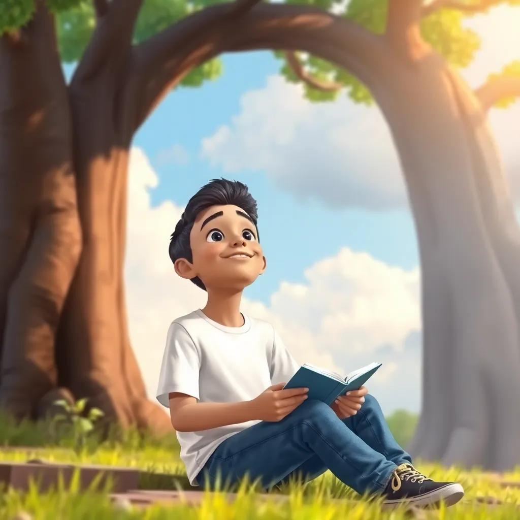 A young Arab boy, Sami, with short black hair, wearing a simple white t-shirt and jeans, sitting under a large tree with a notebook in his hands, looking up at cloudy sky, digital art, colorful, bright atmosphere, cheerful